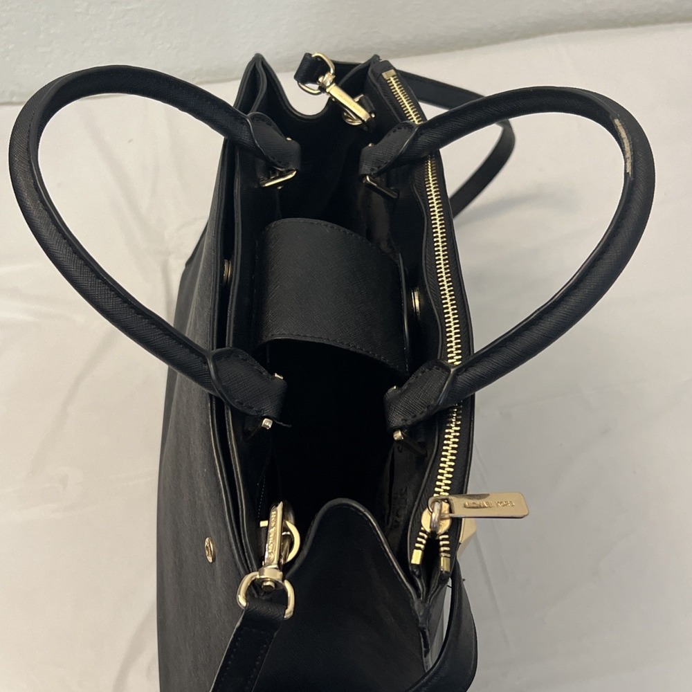 Michael Kors Karla Medium Saffiano Leather‎ Satchel Bag Black Gold 13 X 10 X 5 - Picture 8 of 11